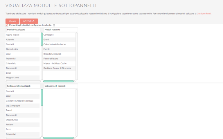 SuiteCRm Disabilitare Moduli Base