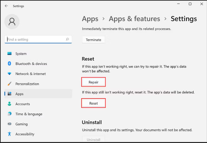 COme riparare e ripristinare il crash di windows per le app di Default