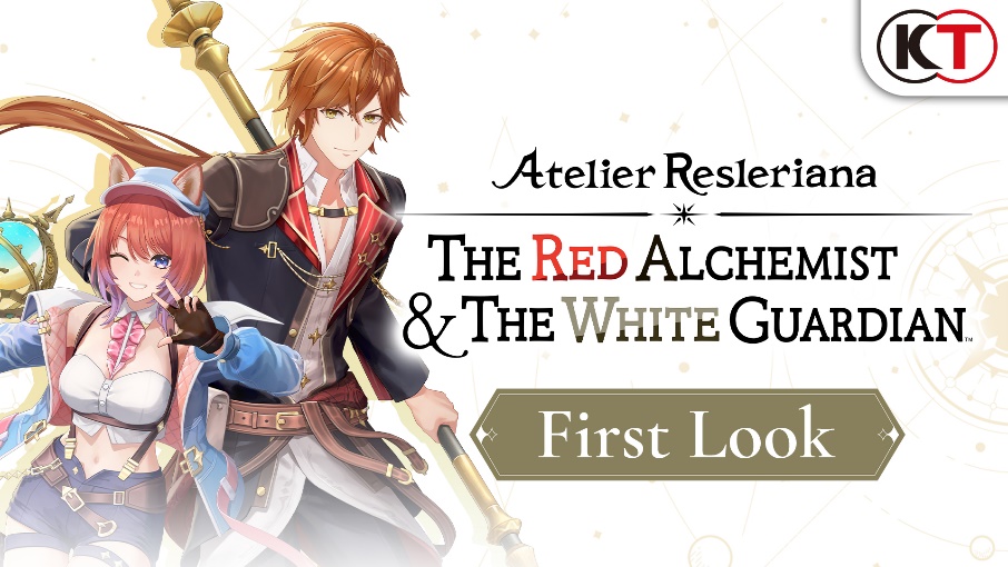Copertina di Atelier Resleriana: The Red Alchemist & the White Guardian con i protagonisti Rias Eidreise e Slade Clauslyter sullo sfondo del continente di Lantarna