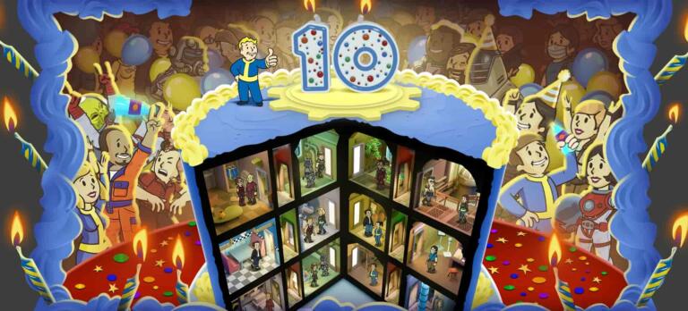 Illustrazione promozionale del decimo anniversario di Fallout Shelter con Vault e personaggi iconici