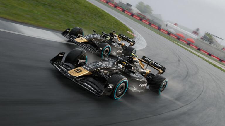 Due vetture F1 del team APXGP in azione su circuito bagnato in EA Sports F1 25