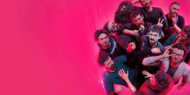 Jan Dolski e i suoi Alters nella base mobile di The Alters, ambientazione sci-fi su pianeta ostile, scena tratta dal gioco.