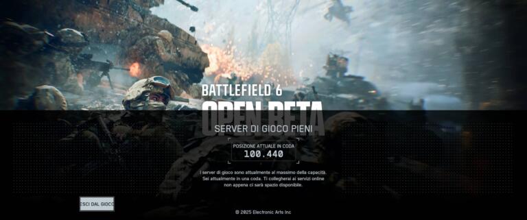Soldati in battaglia tra esplosioni con schermata di Battlefield 6 Open Beta: messaggio “Server di gioco pieni”, posizione in coda 100.440, interfaccia in italiano.