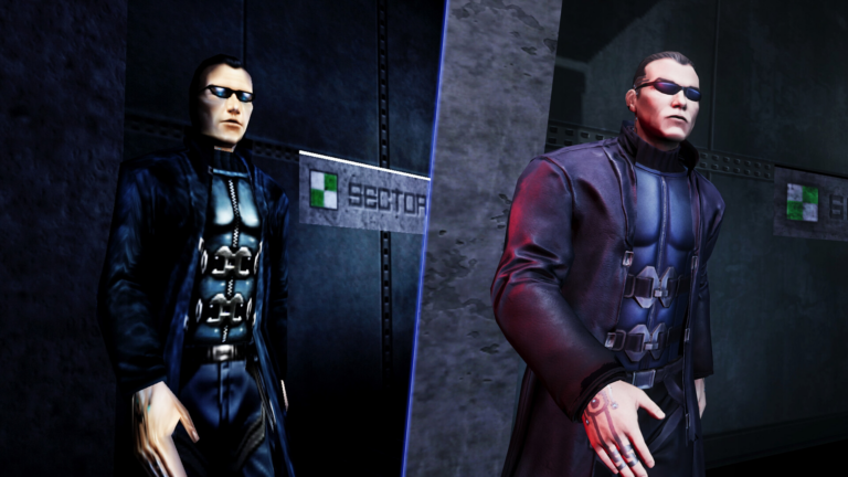 JC Denton protagonista di Deus Ex Remastered in primo piano con augmentation nanotecnologiche, skyline cyberpunk 2052 sullo sfondo e loghi Nintendo Switch, PlayStation, Xbox