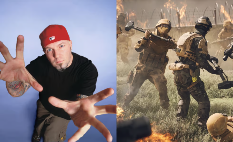 Fred Durst dei Limp Bizkit in primo piano con logo Battlefield 6 sullo sfondo, elementi grafici che mostrano tracklist e riferimenti nu-metal anni 2000