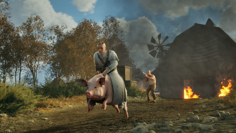 Screenshot di JOIN US mostrando compound di setta con battle pigs, autobus armato e followers in ambiente apocalittico americano, loghi Fortnite/PUBG/Fallout 76 sovrapposti