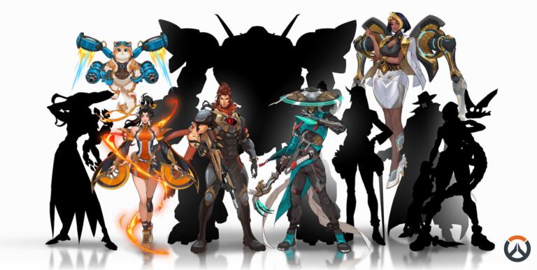 Lineup di personaggi e sagome nere di futuri eroi di Overwatch, tra cui un gatto volante dotato di jetpack