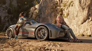 I due protagonisti di Clutch seduti su una Porsche grigia parcheggiata lungo una strada panoramica tra le rocce