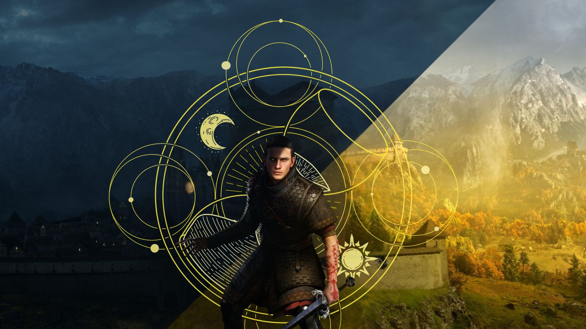 Coen di The Blood of Dawnwalker in armatura tra un paesaggio notturno e uno diurno, con simboli celesti dorati sovrapposti