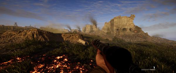 Visuale in prima persona con un fucile puntato verso fortificazioni di pietra in rovina e fumo poco dopo la Spiaggia V - Recensione del videogioco Gallipoli