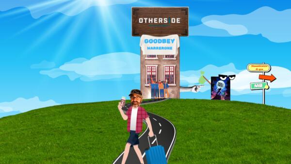 Warren Spector con valigia si allontana dall'edificio Otherside Entertainment, con lo striscione "Goodbey Warrerone" e indicazioni per il Dimenticatoio