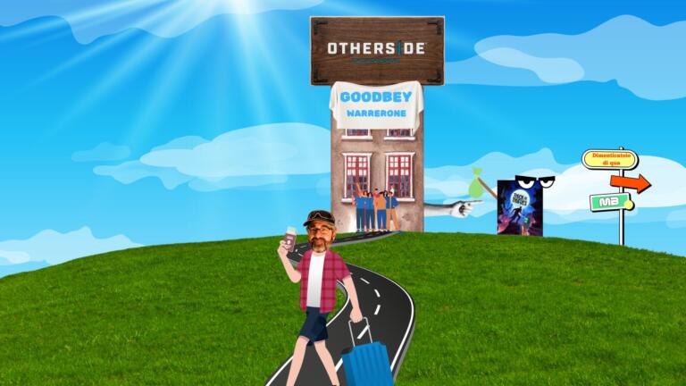 Warren Spector con valigia si allontana dall'edificio Otherside Entertainment, con lo striscione "Goodbey Warrerone" e indicazioni per il Dimenticatoio