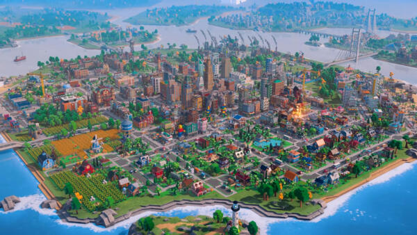 Panoramica dall'alto di una vasta e dettagliata città realizzata con mattoncini in LEGO Skylines