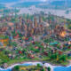Panoramica dall'alto di una vasta e dettagliata città realizzata con mattoncini in LEGO Skylines
