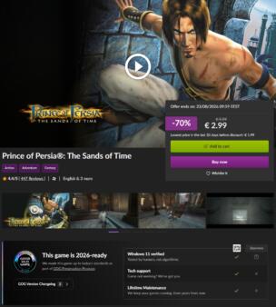 Pagina del negozio GOG per Prince of Persia: The Sands of Time con prezzo scontato e dettagli sulla preservazione