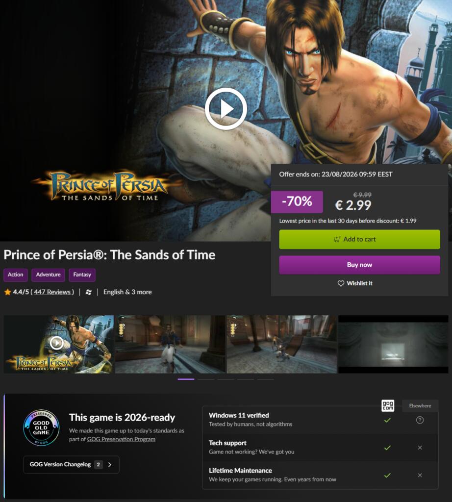 Pagina del negozio GOG per Prince of Persia: The Sands of Time con prezzo scontato e dettagli sulla preservazione