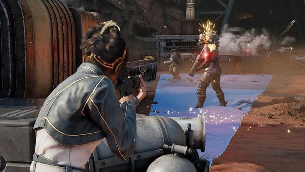 Vista in terza persona di un personaggio che colpisce alla testa un nemico con un fucile di precisione, in Star Wars Zero Company