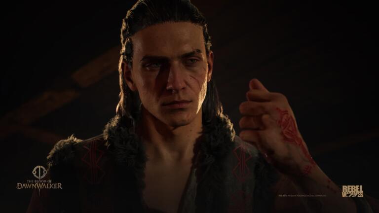 Coen, con cicatrice sul viso, occhi di diverso colore e tatuaggio rosso sulla mano per il gioco Dawnwalker
