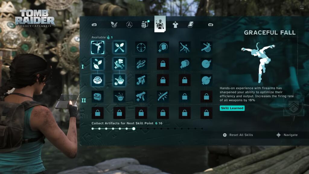 Menu dell'albero delle abilità di Tomb Raider: Legacy of Atlantis con l'abilità Graceful Fall selezionata