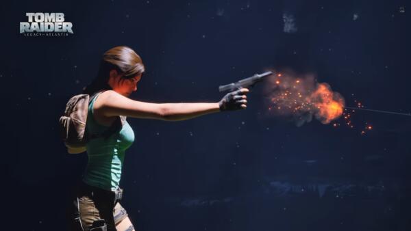 Lara Croft mira e spara con due pistole in una scena di Tomb Raider: Legacy of Atlantis