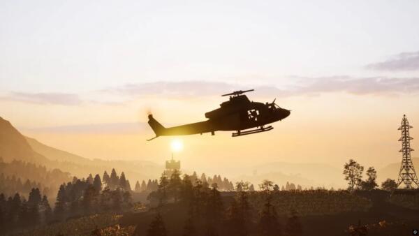 La silhouette di un elicottero in volo nel videogioco Wardogs