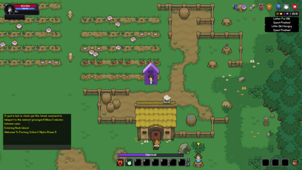 Schermata di Fantasy Online 2 con un personaggio in una fattoria pixel art, campi coltivati e interfaccia di gioco