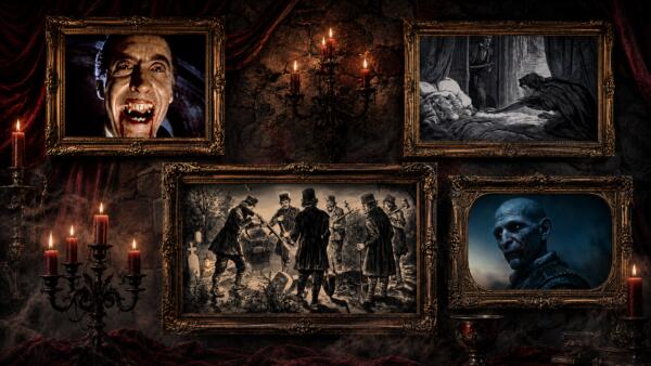 Quadri dorati con ritratti ed illustrazioni di vampiri e cacciatori di vampiri su una parete gotica a lume di candela