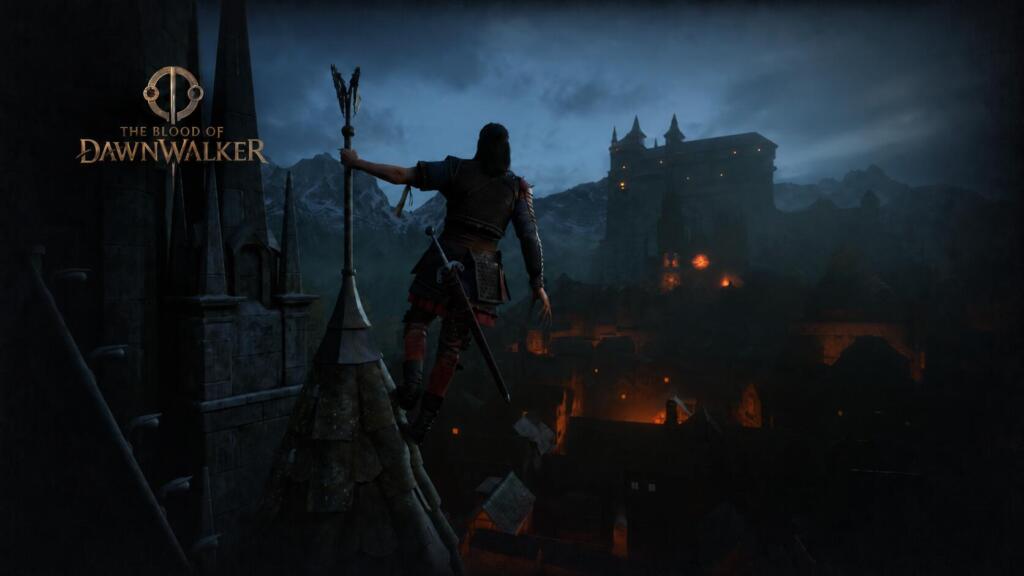 Coen di The Blood of Dawnwalker in cima a una guglia osserva un oscuro villaggio e un castello. Logo: The Blood of Dawnwalker