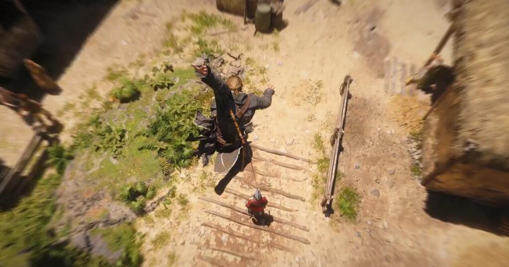 Vista dall'alto di Edward che si lancia verso un nemico sottostante - Assassin’s Creed Black Flag Resynced Ubisoft