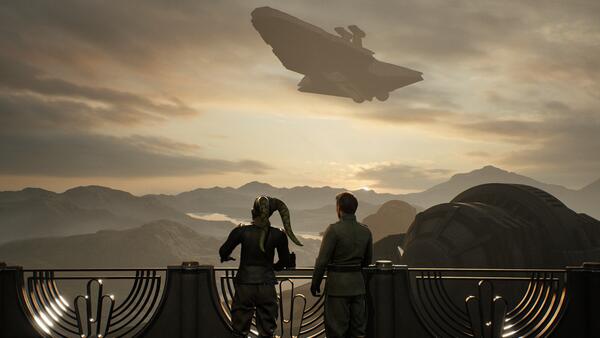 Una Twi'lek e un ufficiale imperiale osservano da un balcone uno Star Destroyer in volo sopra le montagne al tramonto