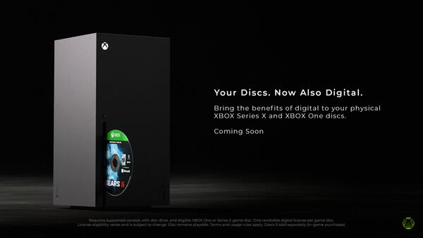 Console Xbox Series X e testo: I tuoi dischi. Ora anche in digitale. Porta i vantaggi del digitale ai dischi fisici per Xbox