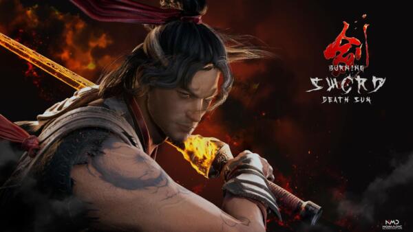 Key art ufficiale di Burning Sword Death Sun con il protagonista Zhang Yixian armato della spada infuocata su sfondo scuro con braci ardenti