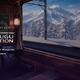 Vista da un treno su montagne innevate con testo: JP UNIVERSE PRESENTS Welcome to Fantasy Japan RYUGU NATION