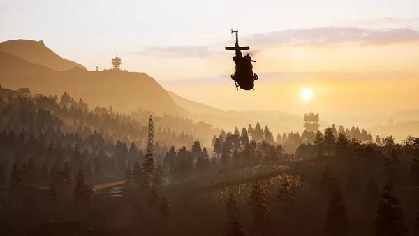 Silhouette di un elicottero in volo sopra una foresta di pini al tramonto nel videogioco Wardogs in accesso anticpato disponibile su Steam