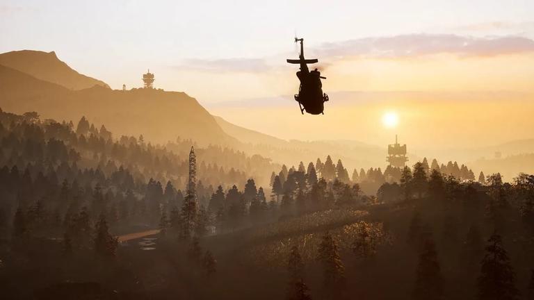 Silhouette di un elicottero in volo sopra una foresta di pini al tramonto nel videogioco Wardogs in accesso anticpato disponibile su Steam