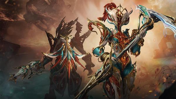 Il nuovo aggiornamento di Warframe: Xaku Prime in un'armatura decorata con dettagli dorati, turchesi e rossi mentre impugna una grande falce