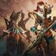 Il nuovo aggiornamento di Warframe: Xaku Prime in un'armatura decorata con dettagli dorati, turchesi e rossi mentre impugna una grande falce