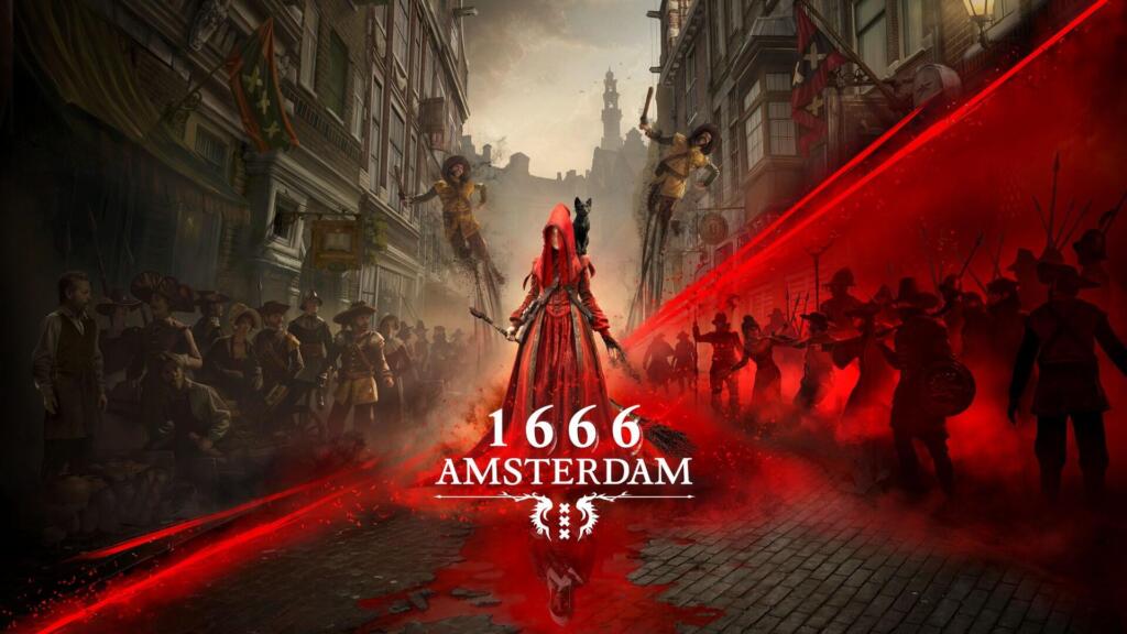 Una strega con il mantello rosso e un gatto nero sulla spalla in una strada di Amsterdam, tra abitanti, soldati armati e una scia rossa, con il logo 1666 Amsterdam.
