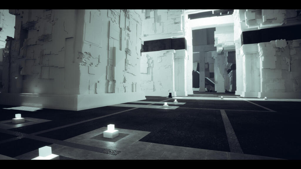 BLACKSHARD, screenshot ufficiale del Labirinto con architetture monumentali bianche e corridoi oscuri