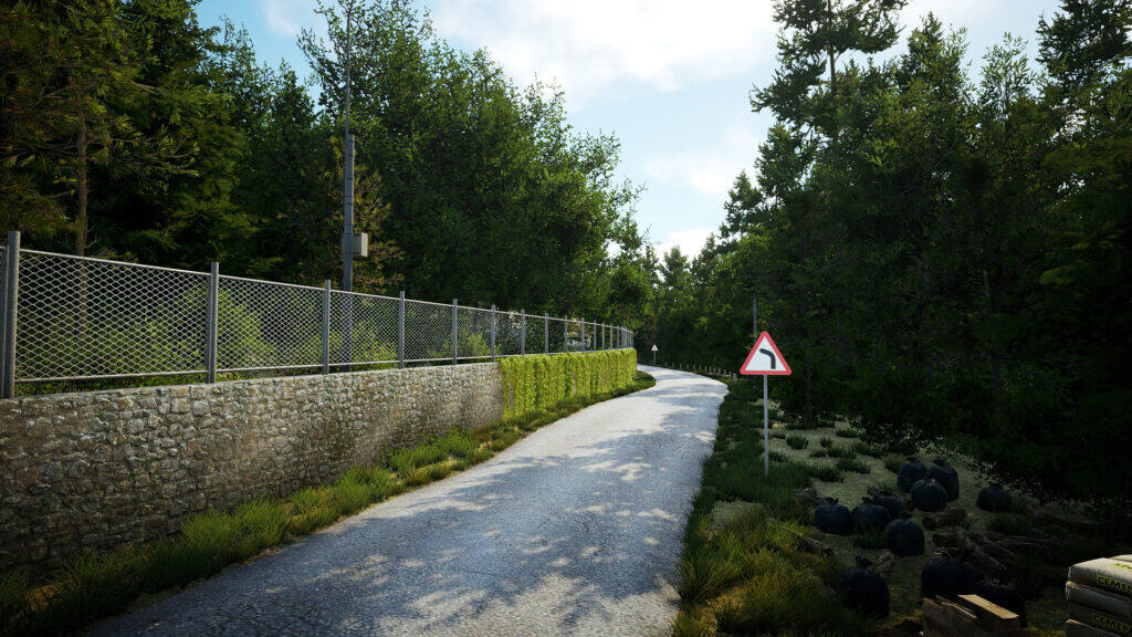 CarX Rally su PC: tratto asfaltato di una prova speciale nel bosco con segnale di curva a destra
