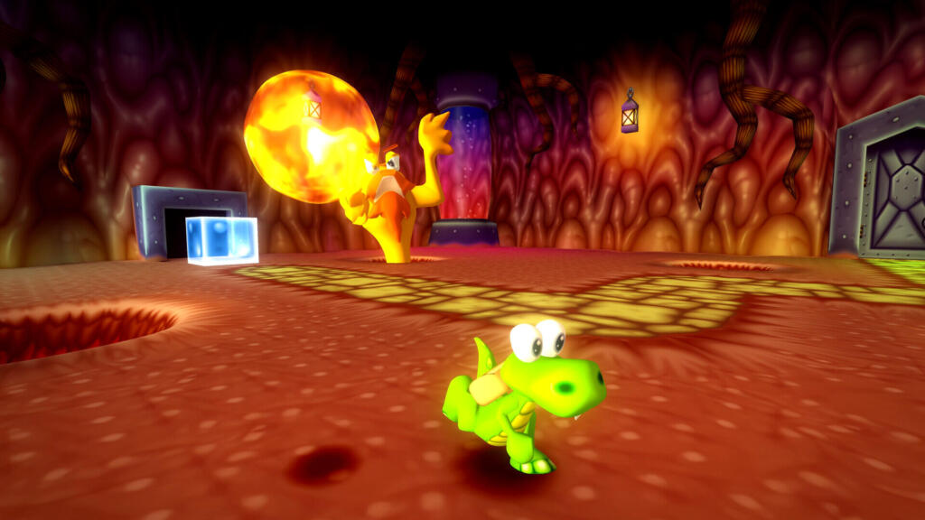 Da Croc 2 Kingdom of the Gobbos, Croc in una caverna mentre un mostro di fuoco lancia una grande palla infuocata