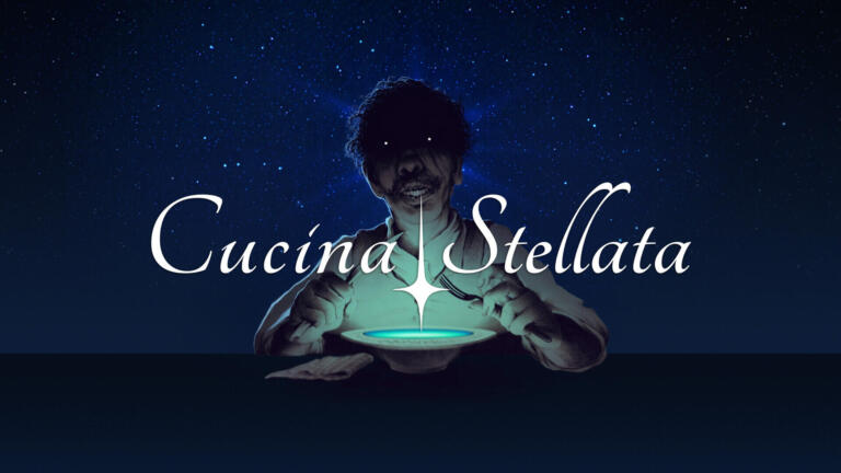 Cucina Stellata: il protagonista con un piatto luminoso sotto un cielo stellato nel trailer di lancio