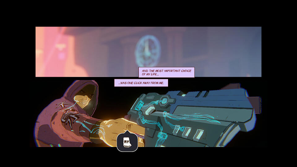 FORECLOSED scena di gameplay in stile fumetto con Evan Kapnos e pistola futuristica