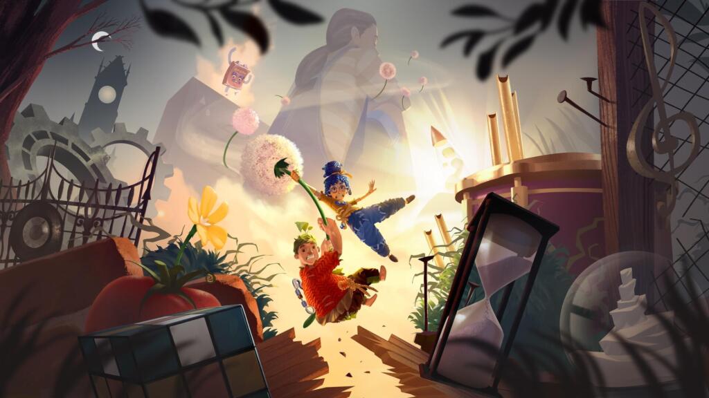 It Takes Two su Nintendo Switch 2: Cody e May volano aggrappati a un fiore nell'immagine ufficiale Electronic Arts