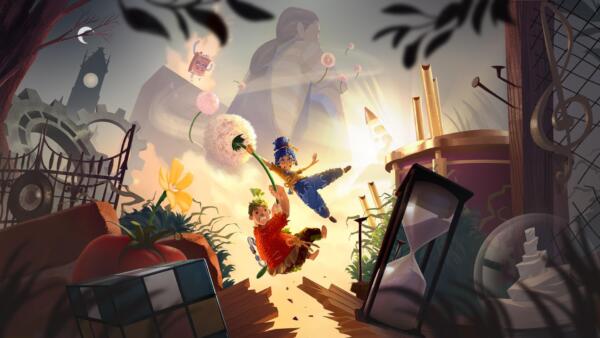 It Takes Two su Nintendo Switch 2: Cody e May volano aggrappati a un fiore nell'immagine ufficiale Electronic Arts