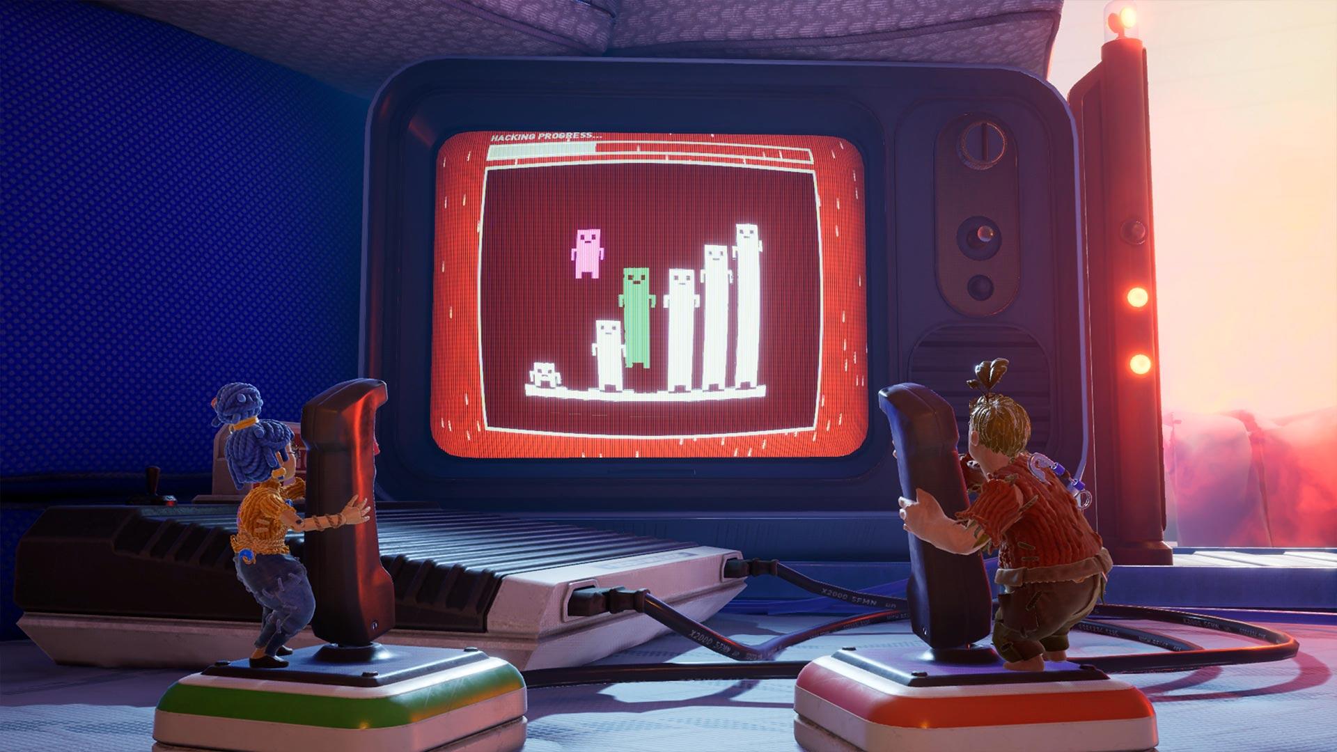 It Takes Two su Nintendo Switch 2: Cody e May giocano insieme in un minigioco arcade con joystick giganti