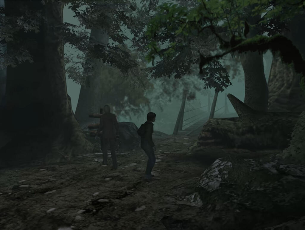 Resident Evil Outbreak: due sopravvissuti esplorano una foresta in una scena di gameplay originale PS2