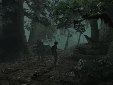 Resident Evil Outbreak: due sopravvissuti esplorano una foresta in una scena di gameplay originale PS2