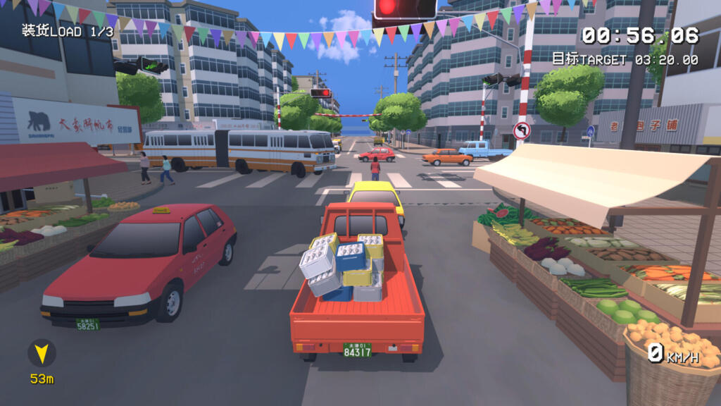 SHIFU Traffic Masters: camioncino rosso carico di merci vicino a un mercato in una città cinese anni Novanta, screenshot gameplay