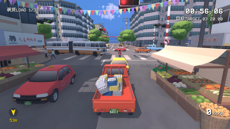 SHIFU Traffic Masters: camioncino rosso carico di merci vicino a un mercato in una città cinese anni Novanta, screenshot gameplay